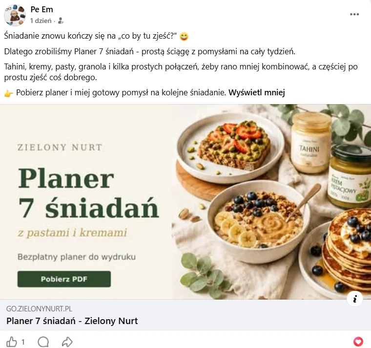 Post na Facebooku z podglądem Planera 7 śniadań
