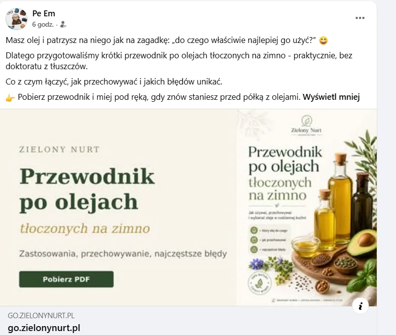 Post na Facebooku z podglądem przewodnika po olejach