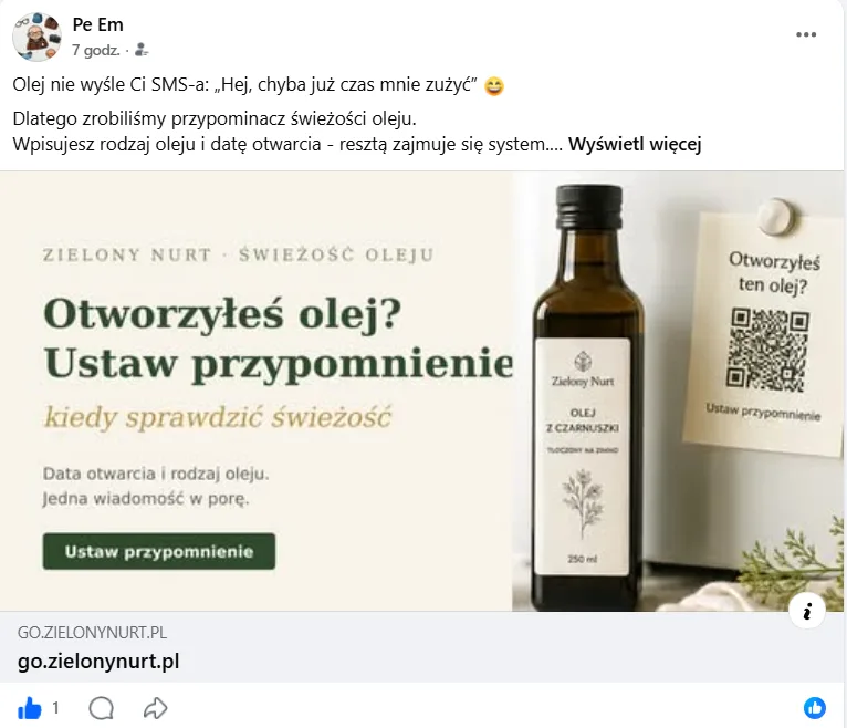 Post na Facebooku z podglądem przypomnienia o świeżości oleju
