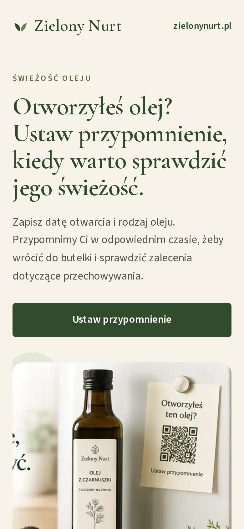 Landing przypomnienia o świeżości oleju na telefonie