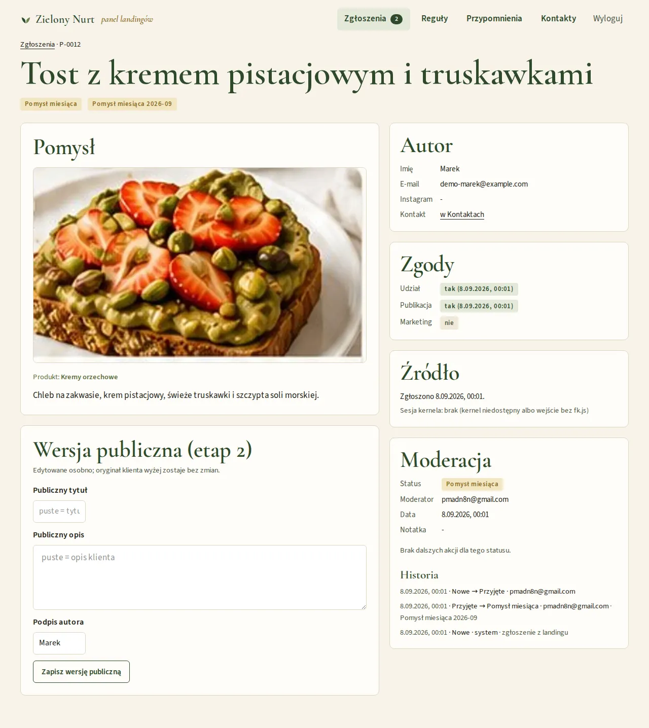 Szczegół zgłoszenia z akcjami moderacyjnymi